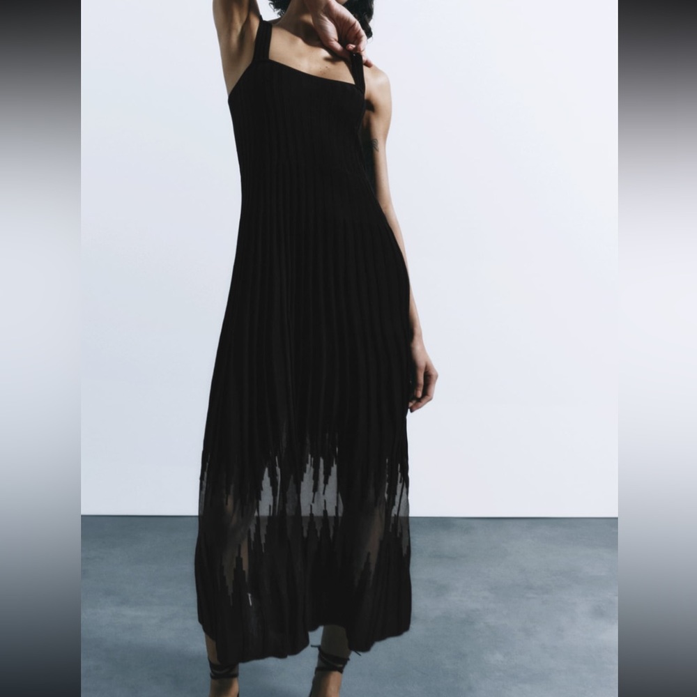 Zara Semi-Sheer Mixed Midi Dress black size small